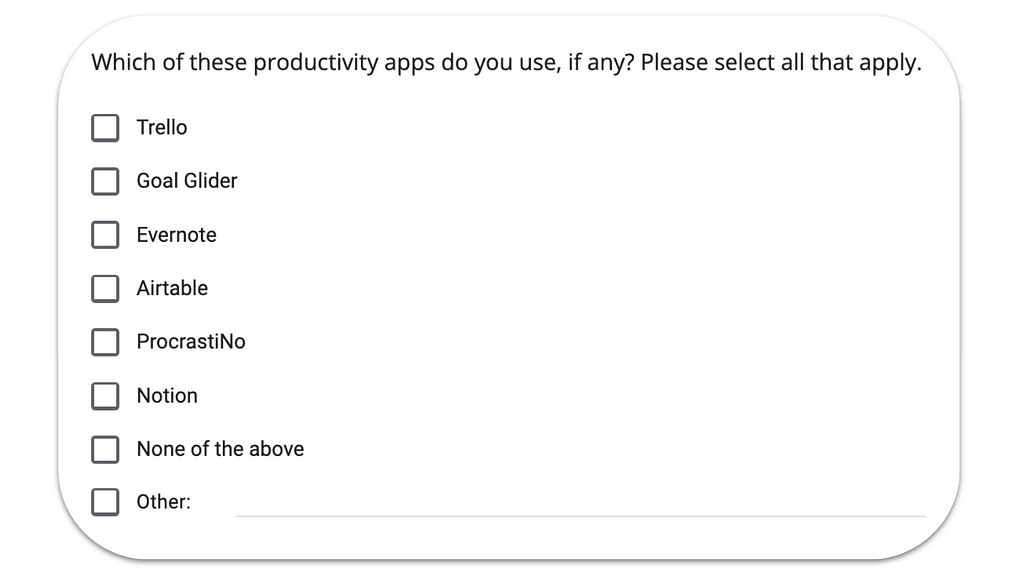 An example red herring question: “Which of these productivity apps do you use, if any?” where “Goal Glider” and “ProcrastiNo” are fake options.