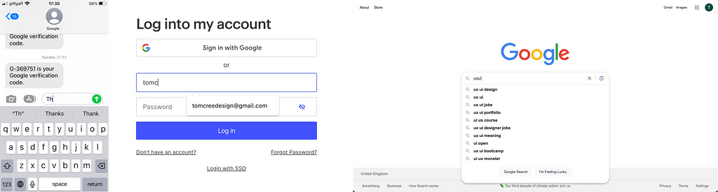 Examples of autocomplete data entry functionality from Iphone, webflow and a Google search.