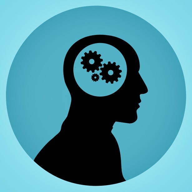 The image is a stylized blue and black illustration depicting a human head profile. Inside the head’s outline, there are three interlocking gears, symbolizing mental processes or thinking.