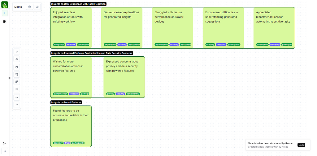 An example of AI-generated themes from interview data in Leapfrog. After draft user flows this was the easiest way to test this interaction.