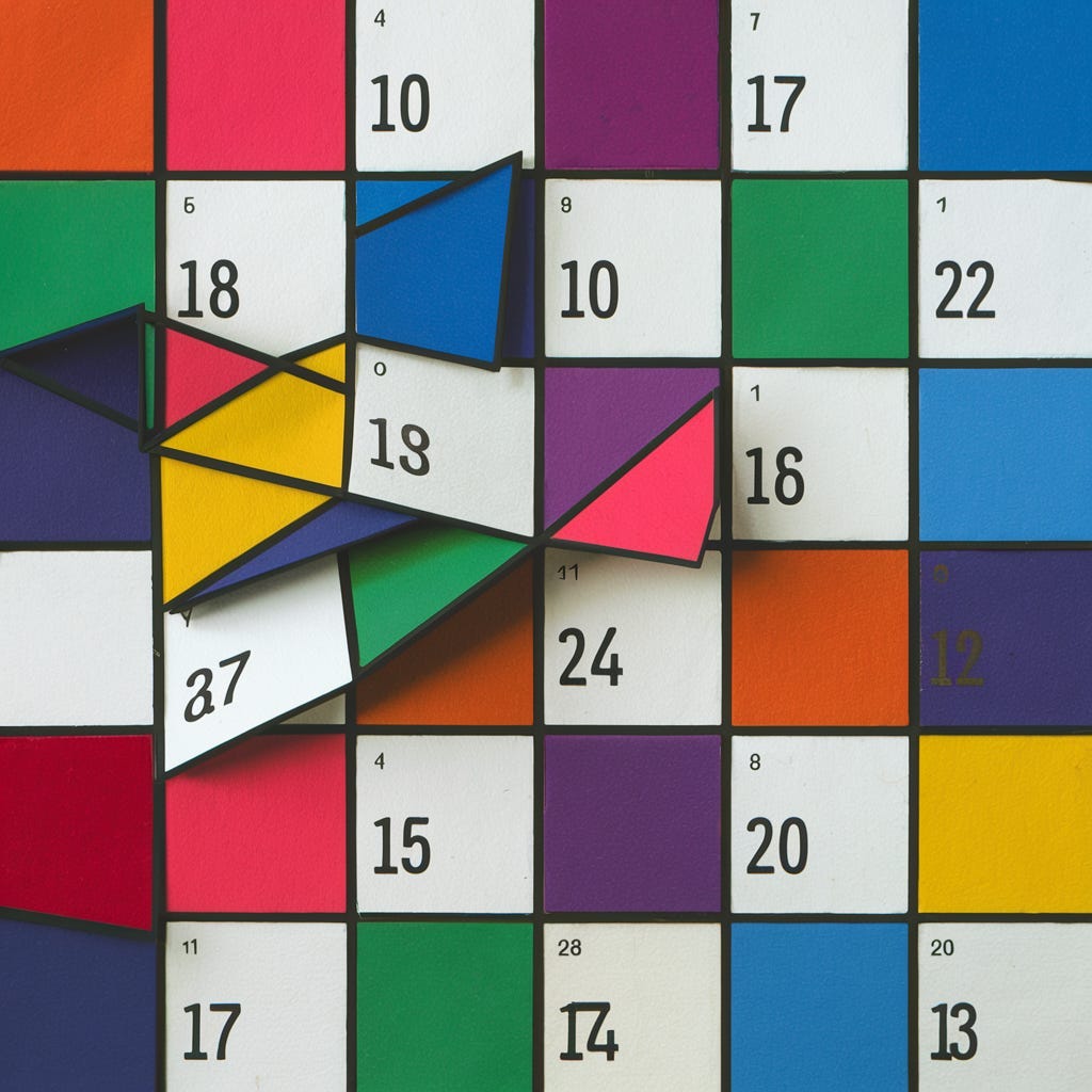 A colorful, stylized representation of a printed calendar, with the dates jumbled and flipping out of order.