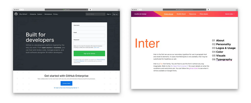 Inter in use on GitHub.com and Mozilla.design