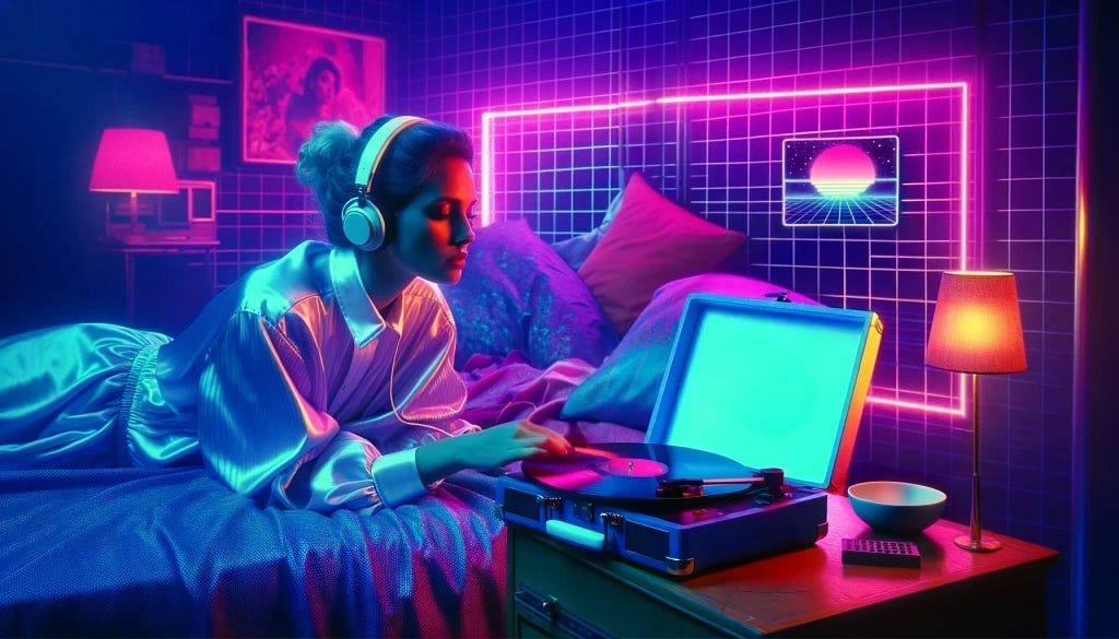 A woman listens to a vinyl record in a neon, synthwave bedroom.