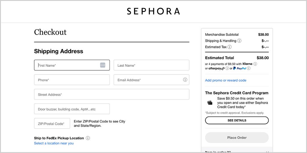 Minimalistic checkout layout at Sephora.com