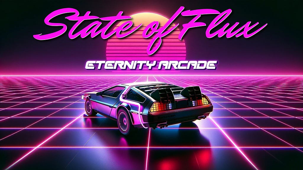 Video thumbnail artwork for synthwave music, showing a Delorean car on a neon grid with State of Flux and Eternity Arcade text.