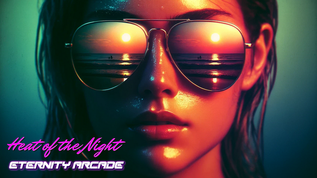 Music video artwork showing a close-up of a woman on a beach with the ocean sunset reflected in her sunglasses.