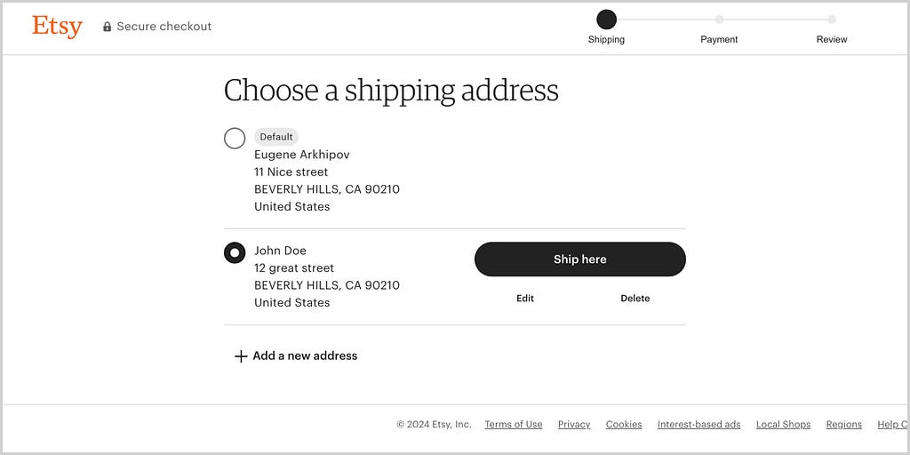 Saved shipping addresses at Etsy.com