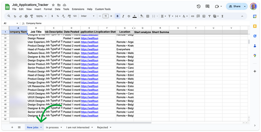 The image shows a job application tracker spreadsheet in Google Sheets. The spreadsheet contains columns labeled “Company Name,” “Job Title,” “Job Description,” “Date Posted,” “Application Link,” “Application Status,” “Location,” “Start analyze,” and “Short Summary.” There is an arrow pointing to the tab titled “New jobs,” indicating that this tab is selected. The spreadsheet lists job details, mostly for remote roles across different locations such as Belgium, Malta, and Estonia. The “Applicati