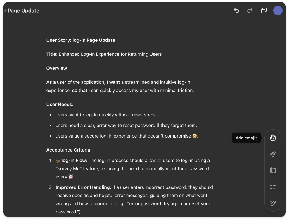 The image displays a “Login Page Update” document titled “Enhanced Log-In Experience for Returning Users.” It outlines the user needs for a quick, intuitive, and secure log-in process, as well as error-free password recovery. The acceptance criteria include simplified log-in flow and improved error handling. Emojis are used throughout the text for emphasis, such as a “log-in flow” emoji and others to highlight specific points. The right-hand menu shows the “Add emojis” option highlighted, sugges