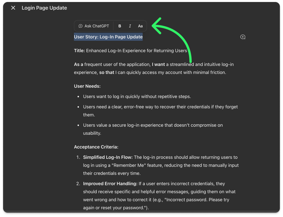 The image displays a “Login Page Update” document outlining a user story titled “Enhanced Log-In Experience for Returning Users.” It describes the need for a streamlined log-in process for frequent users to access accounts with minimal friction. User needs include a quick login process, clear credential recovery options, and secure usability. Acceptance criteria mention a simplified log-in flow with a “Remember Me” feature and improved error handling to provide helpful error messages for incorre