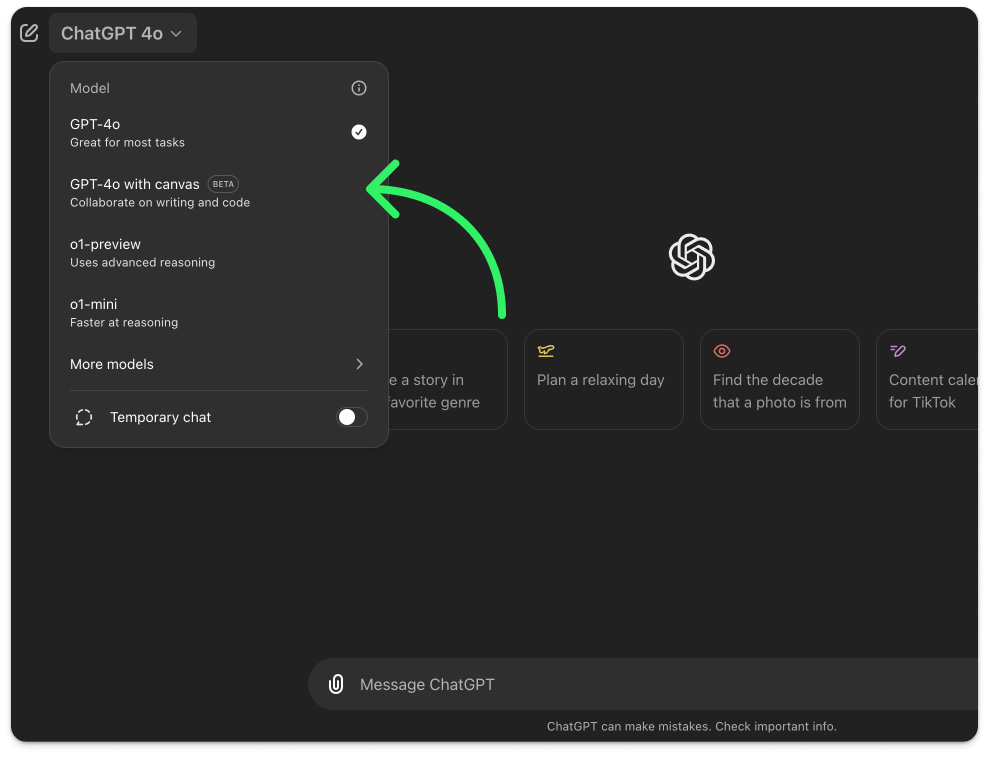 The image shows the interface for selecting models in the ChatGPT app. It highlights the “GPT-4.0 with canvas (BETA)” option with a green arrow, indicating that it is a feature for collaboration on writing and code. The menu also lists other models such as GPT-4.0, 01-preview, and 01-mini, along with an option for a “Temporary chat.”