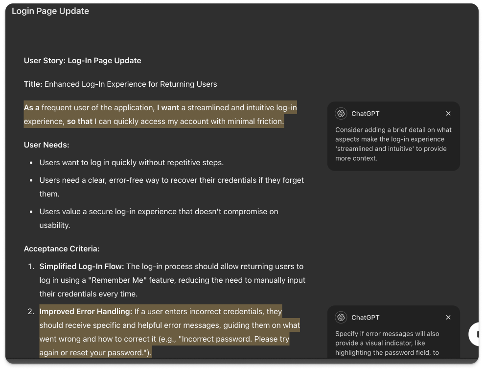 The image displays a “Login Page Update” user story with highlighted text and suggestions from ChatGPT. It provides feedback on making the log-in experience more intuitive by adding details and specifying how error messages can guide users visually.