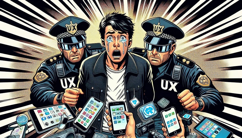 Digital art depiction of a designer getting arrested by the UX police