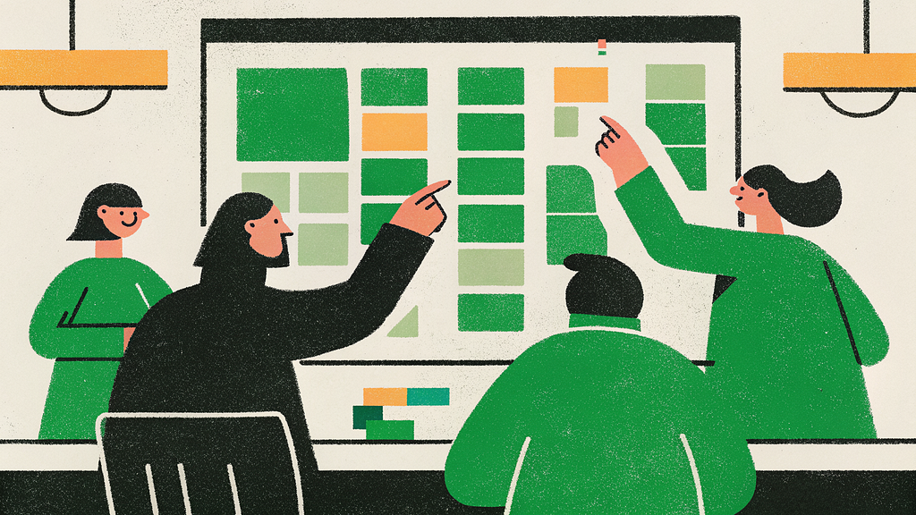 Four people in a meeting room collaborating in front of a wall covered with colorful sticky notes, pointing and discussing ideas.