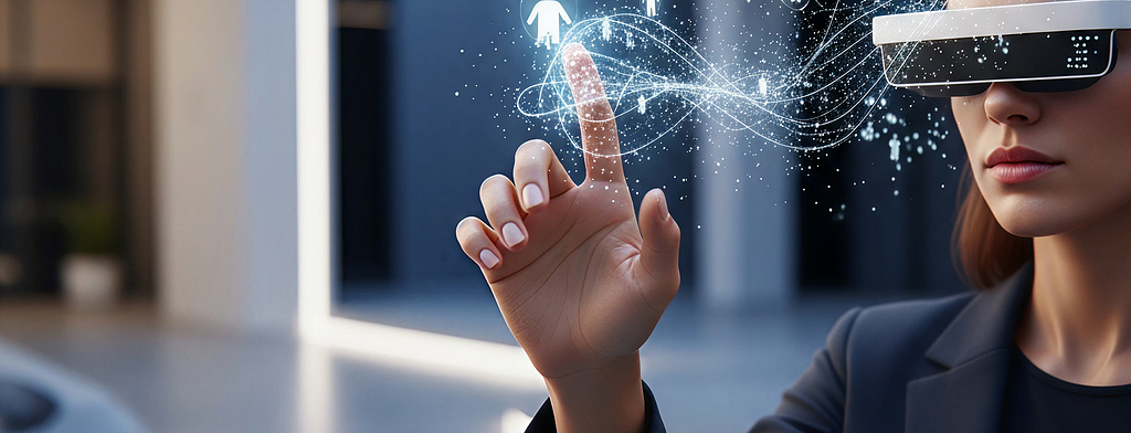 A woman wearing futuristic VR or AR glasses interacts with a digital interface. Her finger touches floating holographic icons and light trails, suggesting virtual navigation or data access. The background is modern and minimalistic.