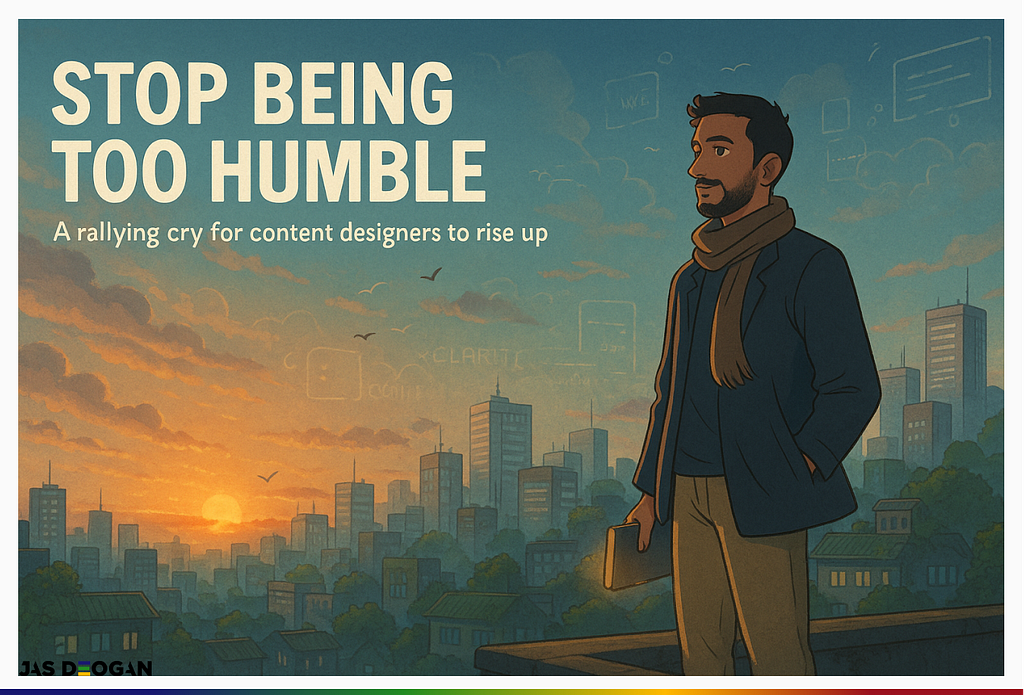 A Studio Ghibli-style sunrise cityscape with Jas standing on a rooftop, symbolising content designers rising with clarity and courage.