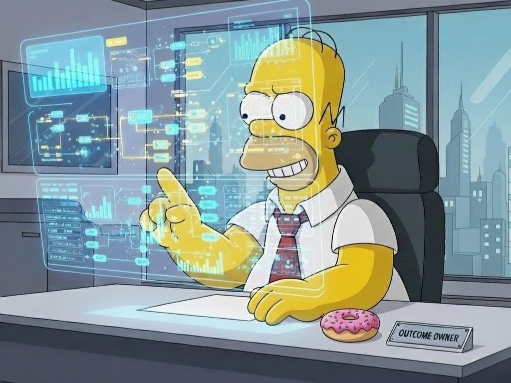 Homer Simpson as an executive pointing at a holographic data dashboard with a donut on his desk. Desk sign says “OUTCOME OWNER.”