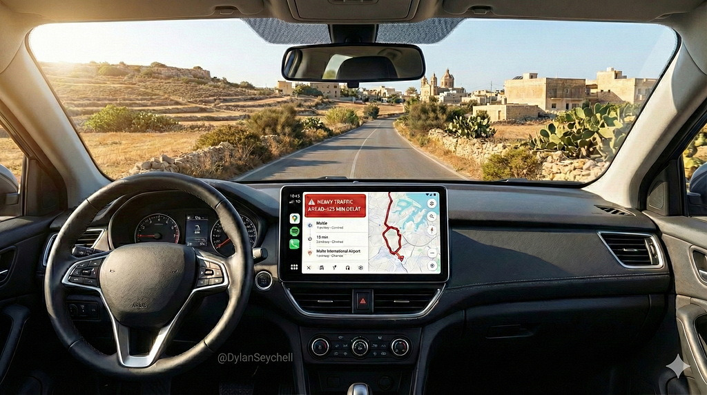 Car interior in Malta showing Google Maps on the dashboard, representing AI prediction.