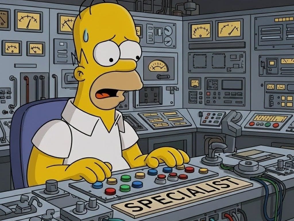 Homer Simpson, sweating and worried, sitting in a nuclear control room surrounded by dials and panels. Desk sign says “SPECIALIST.”