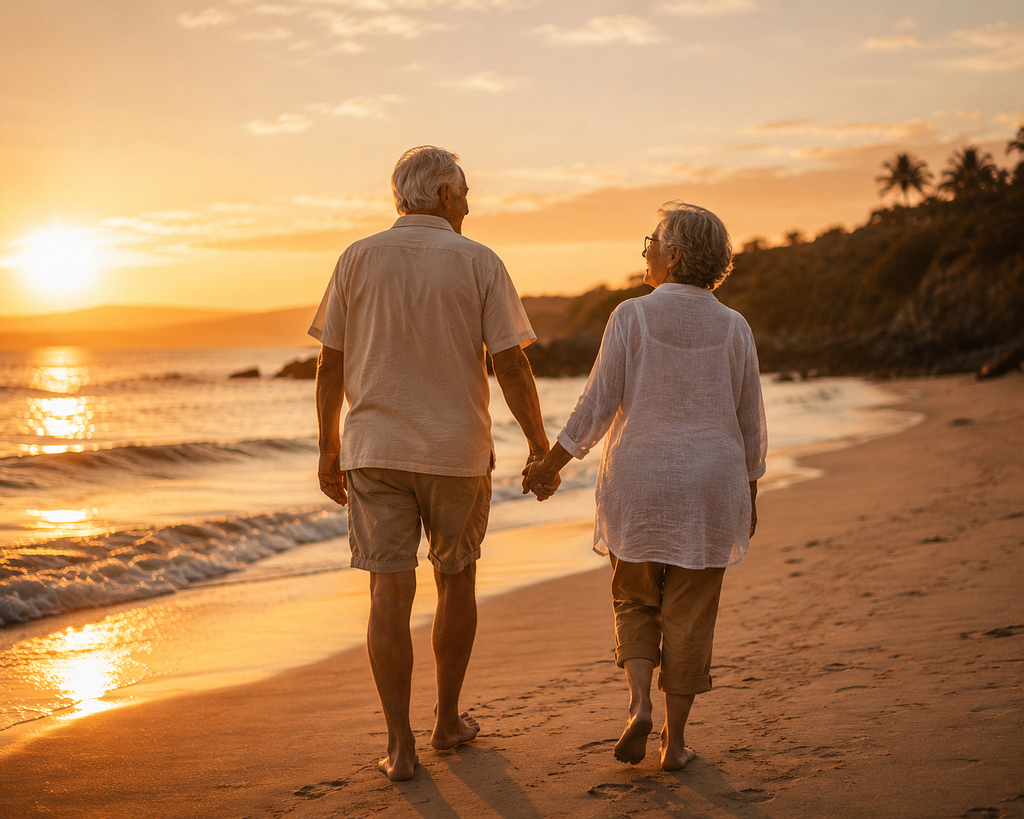 An elderly couple walking hand in hand along a quiet beach at sunset, showing decades of close connection